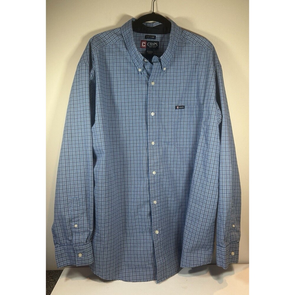 Chaps Easy Care Shirt Men's 2XL Long Sleeves Button Down Collar Blue Plaid - EUC